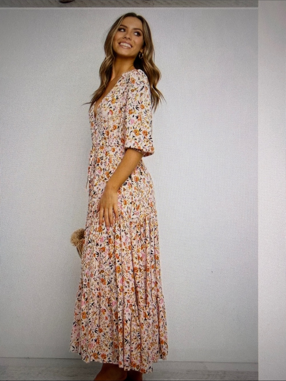 Petal & Pup Kelda Maxi Dress Floral 3/4 Sleeve Drawstring Cinched Waist Autumn L - Picture 3 of 16